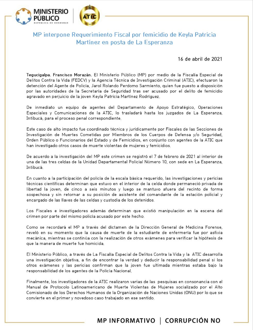 MP interpone Requerimiento Fiscal por femicidio de Keyla Patricia Martínez en posta de La Esperanza