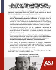 Ministerio Público agradece respaldo de la ASJ tras avances significativos en el caso del líder ambientalista Juan López